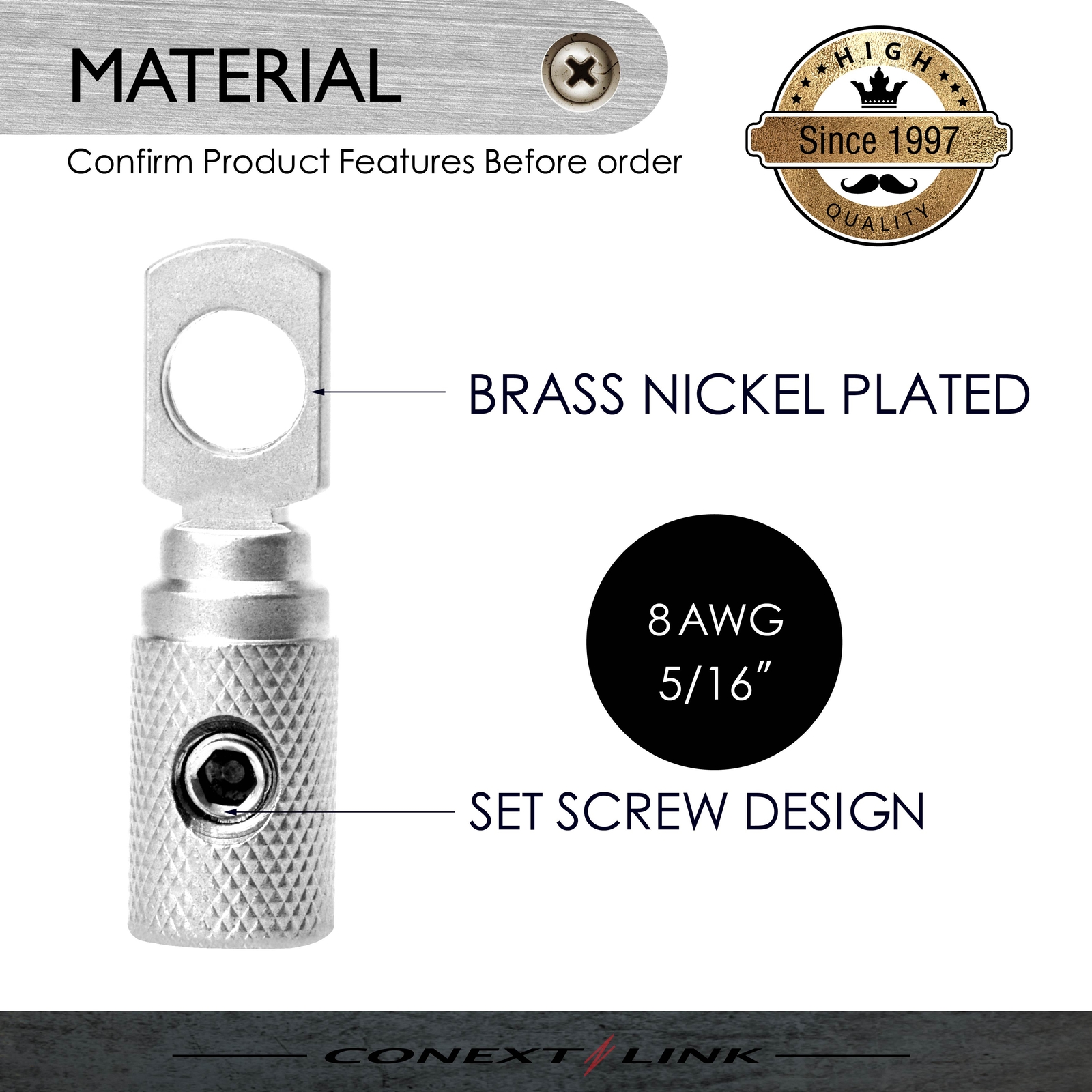 2 Set Screw Power Ring Terminal 8GA AWG Gauge 5/16″ 8mm Hole Brass Nickel Ground