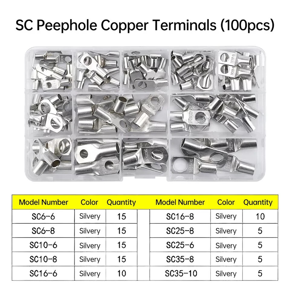 100pcs Tinned Copper Wire Lugs Ends Terminal Connectors Assortment Kits