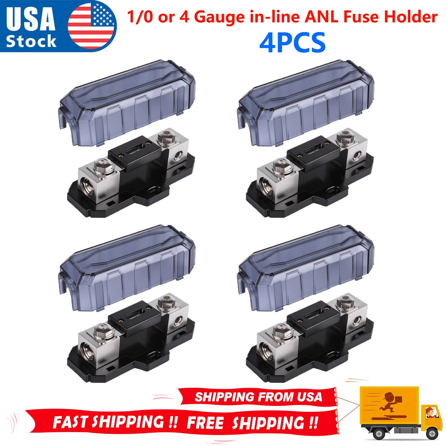4PCS CAR AUDIO 1/0 OR 4 GAUGE 300 AMP INLINE ANL FUSE HOLDER – WITH 300 ANL FUSE