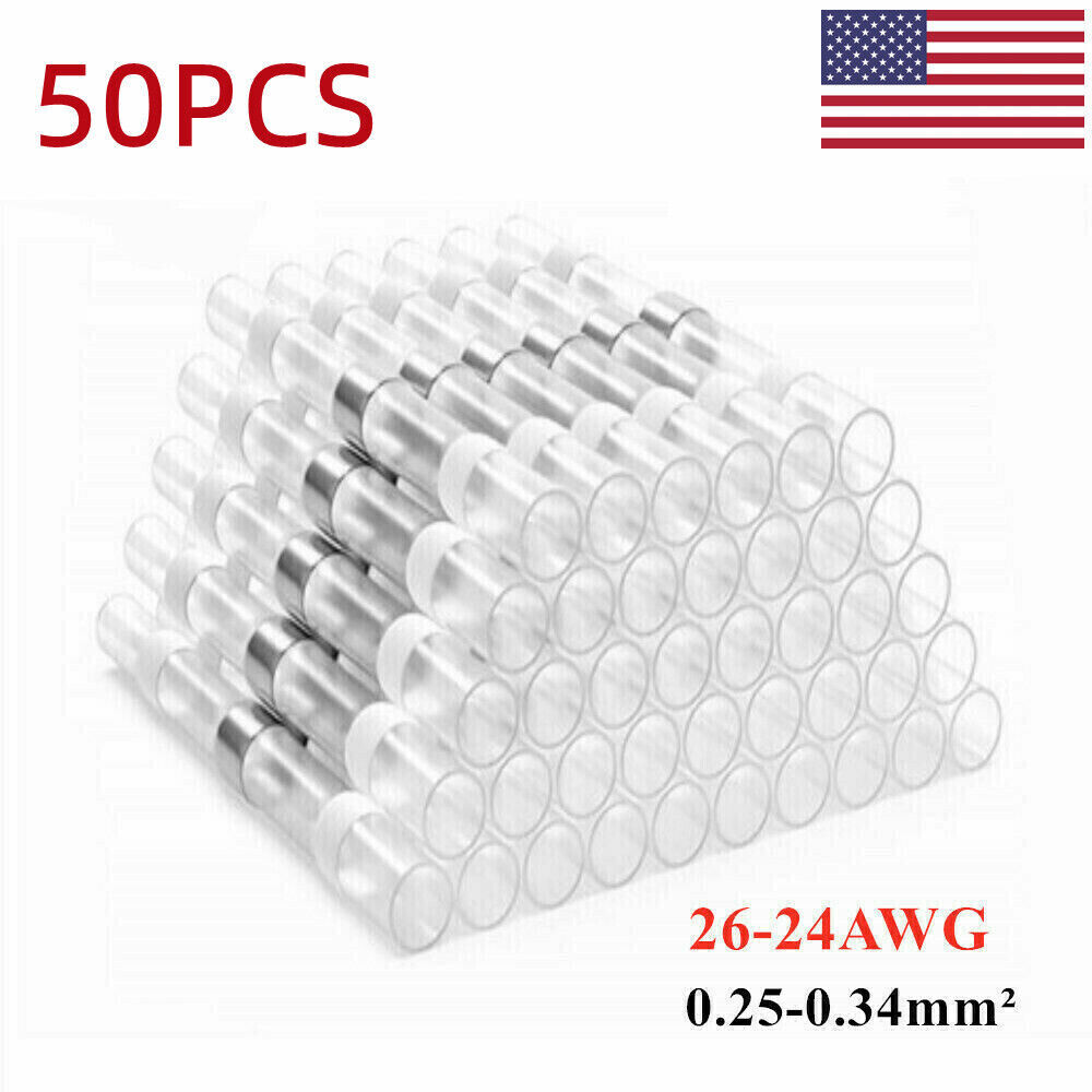50X Solder Seal Sleeve Heat Shrink Butt Wire Connectors Terminals 26-24AWG White