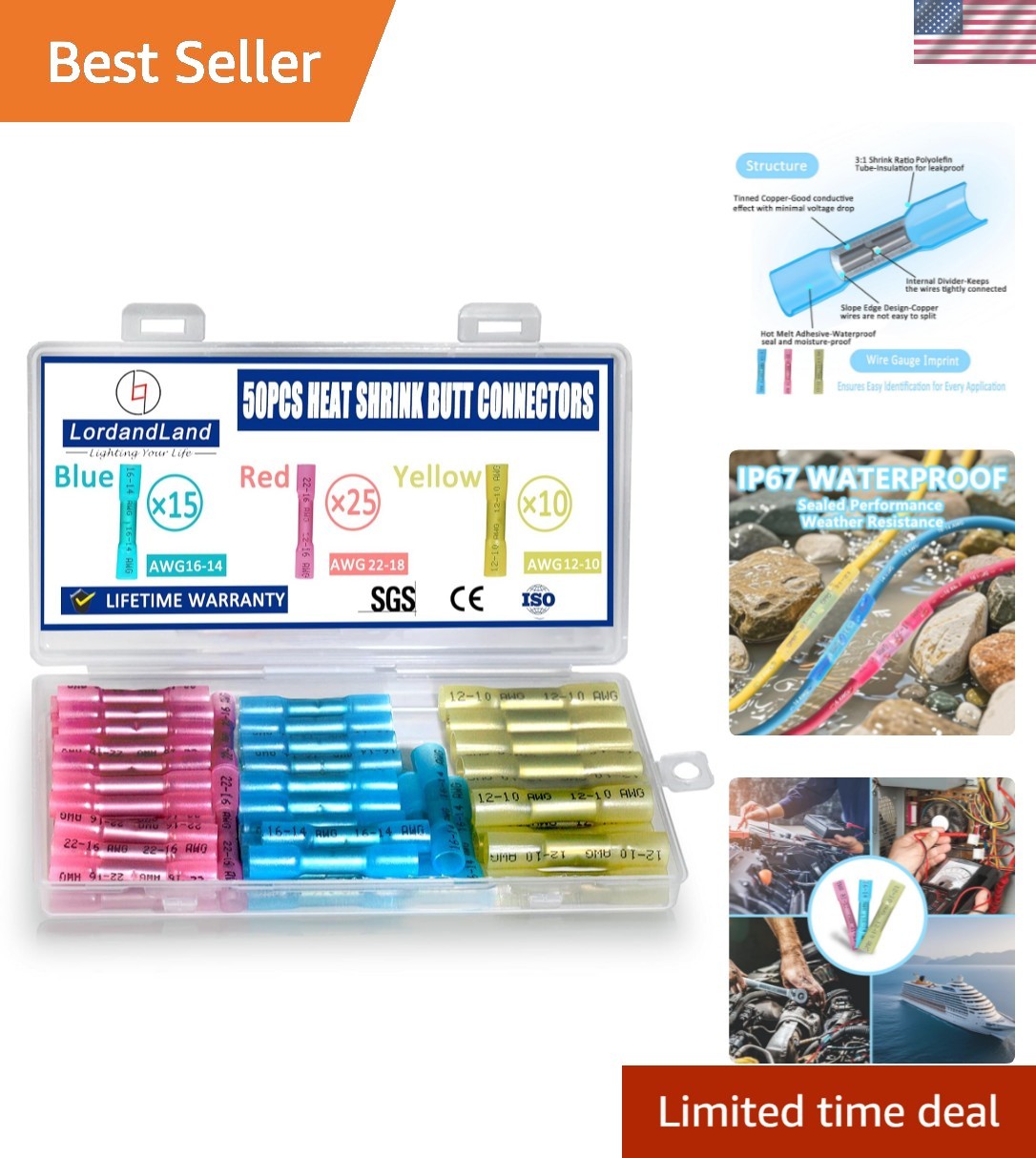 50 Pcs Waterproof Heat Shrink Butt Connectors – Red, Blue, Yellow, 22-10 AWG