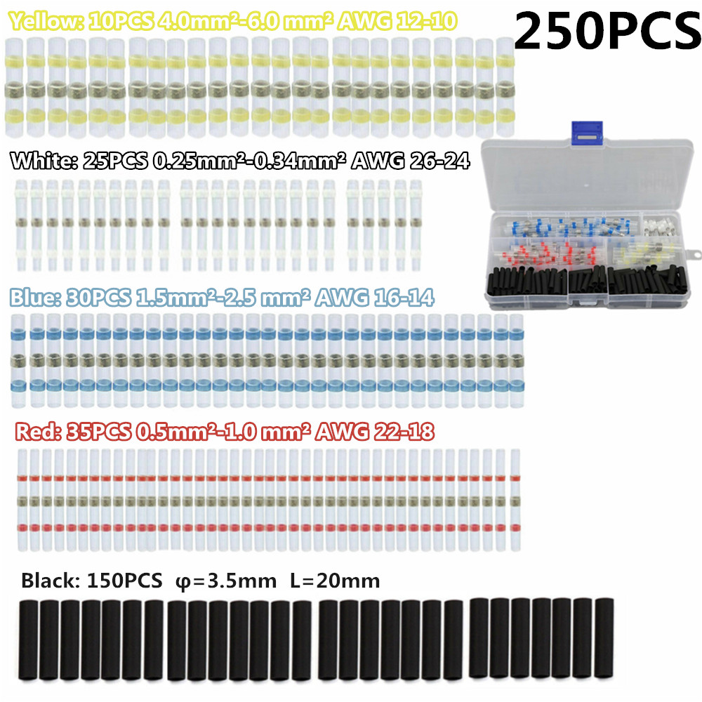 250PCS 26-10AWG Waterproof Insulation Heat Shrink Sleeve Wire Connectors