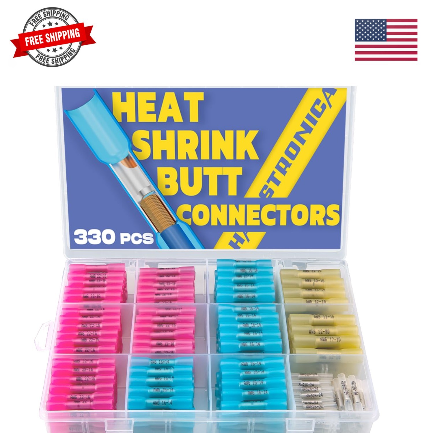 330PCS Heat Shrink Butt Connectors-Marine Grade Waterproof Electrical Crimp W…