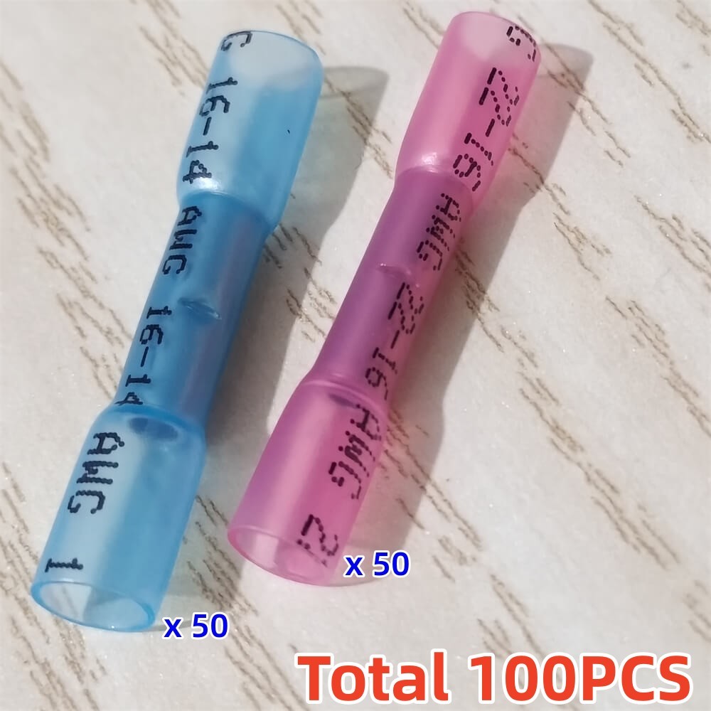 100pcs Insulated Heat Shrink Butt Wire Connector Blue/Red 22-14AWG Terminal Kit