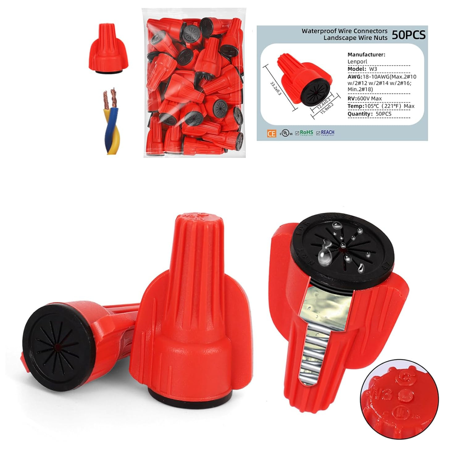 50 PCS Waterproof Wire Connectors 18-10AWG Silicone-Filled Waterproof Wire Nuts