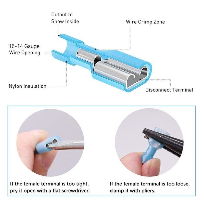 100PCS Blue Female Insulated Wire Spade Terminals Crimp Connectors AWG 16-14 US