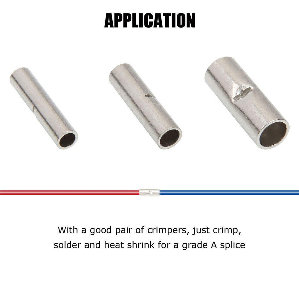 Tinned Copper 10-22AWG Non-Insulated Seamless Butt Connector 100/300PCS