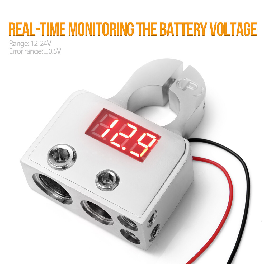 2x Car Battery Digital Terminal Connector LED Voltmeter 0/4/8 Gauge Power Post