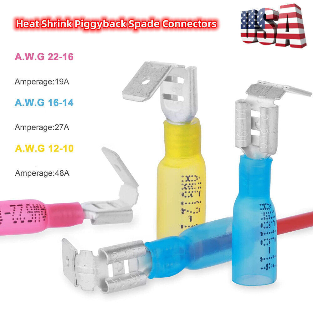 Heat Shrink Piggyback Spade Connectors 22-10AWG Electrical Wire Terminals Kit