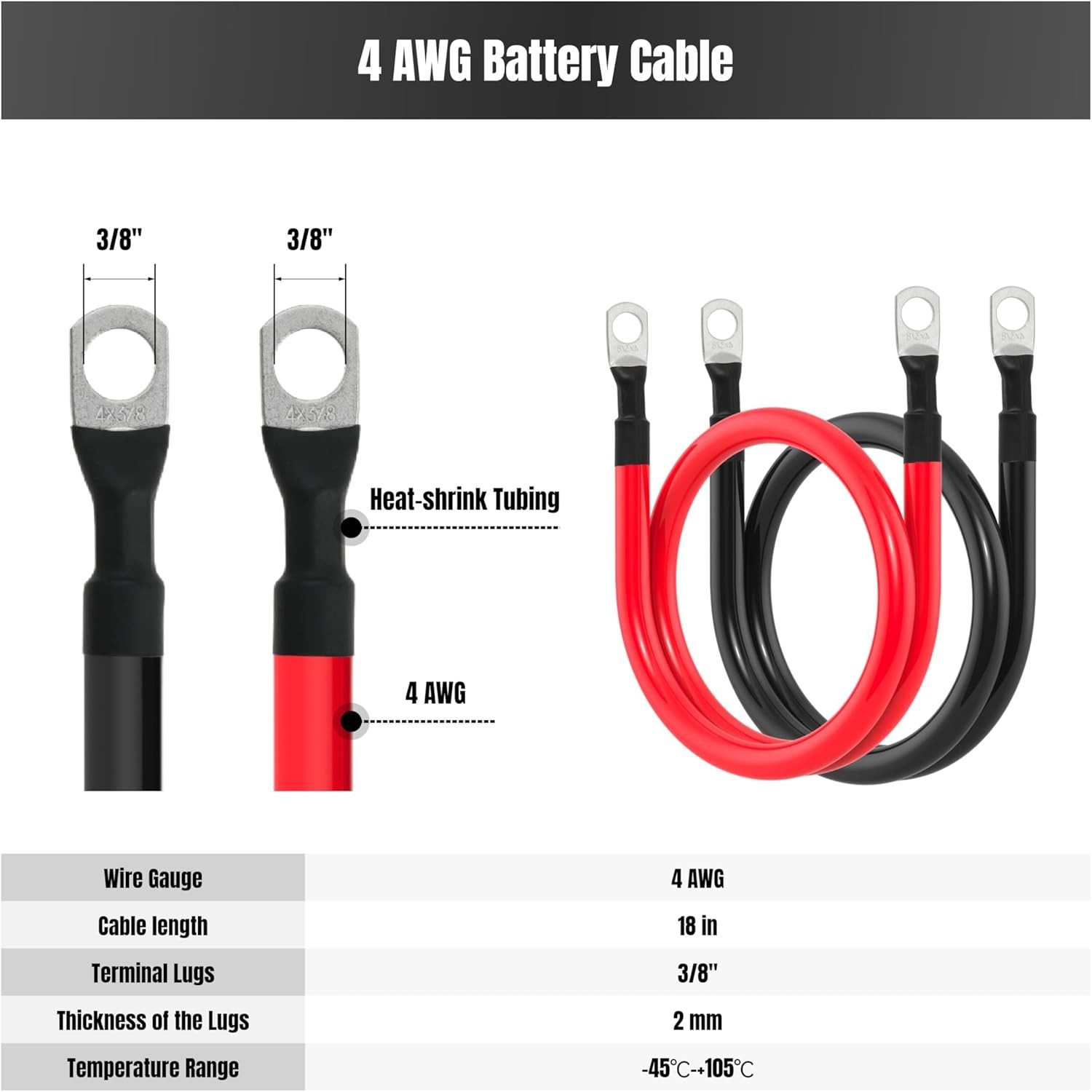 4 AWG Battery Cable 18in with 3/8 inch Lugs for RVs,Solar Inverters 2 Pairs