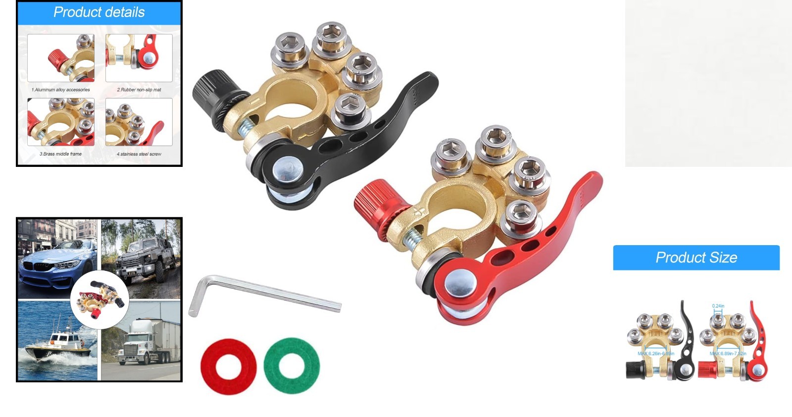 Heavy-Duty 4-Way Car Battery Terminal Clamp Connectors with Hex Wrench Included