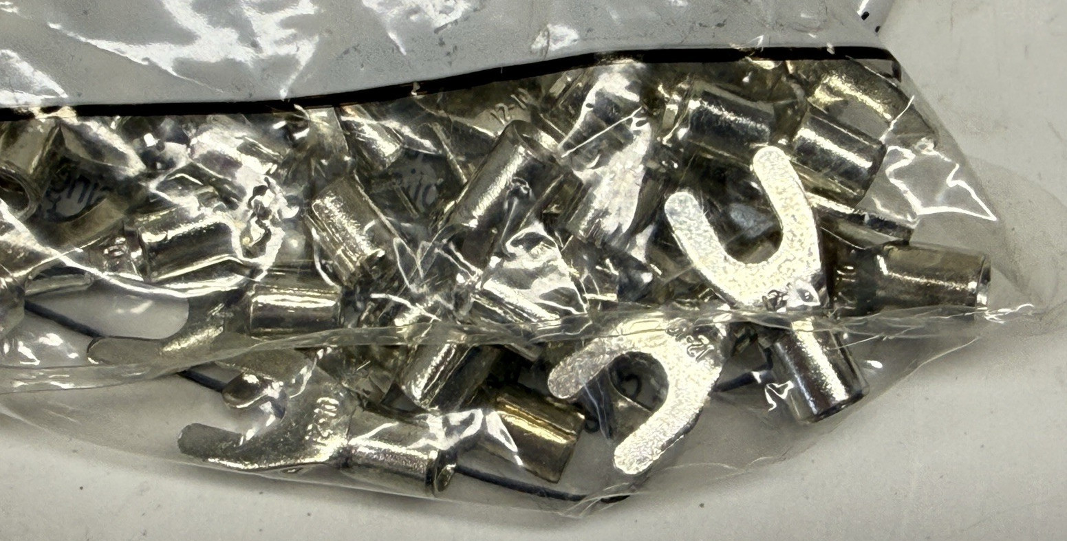 3M # 8 Stud Size, Fork Terminal, 12-10 AWG, Non Insulated. Butted Seam, 100PK