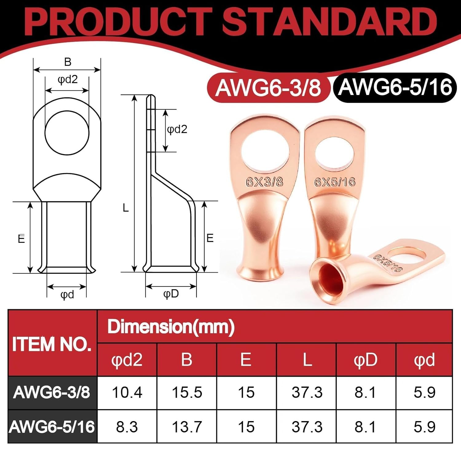 20 PCS AWG 6 Gauge 5/16 3/8 Copper Wire Lugs Battery Cable End Ring Terminal M8