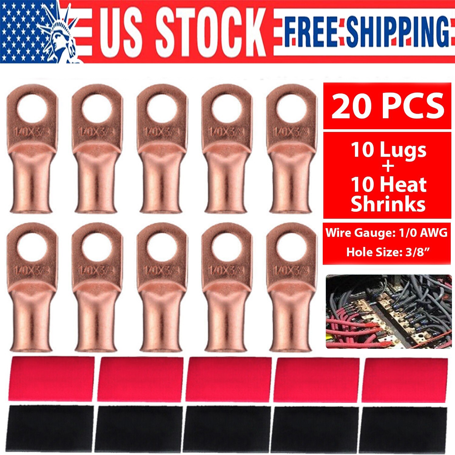 20PCS 1/0 AWG Gauge Copper Lugs W/ BLACK & RED Heat Shrink Ring Terminals Wire