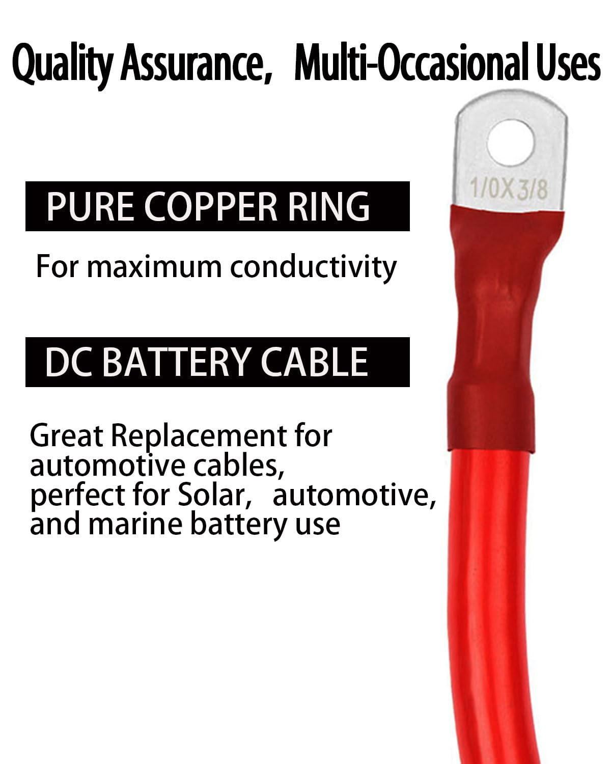 1/0 AWG Battery Cable with Terminals – 1FT 2PCS Set with 3/8″ Lugs for Automotiv