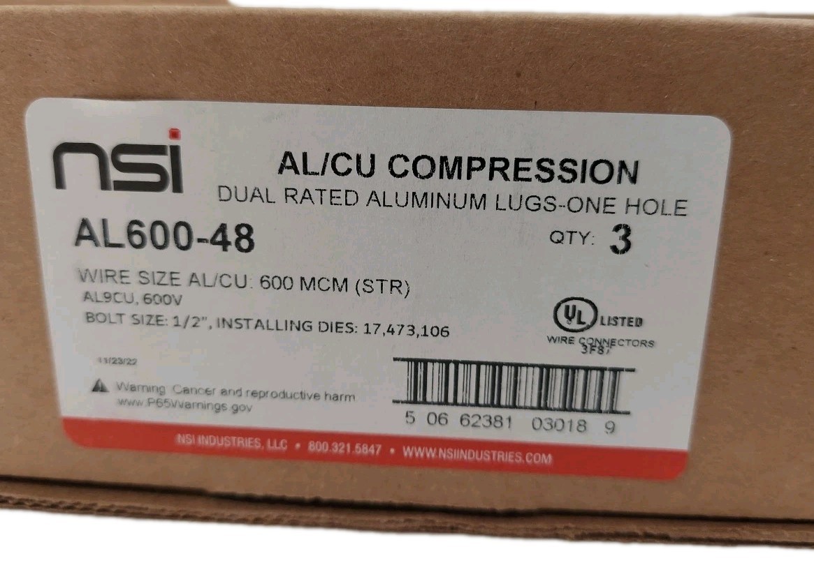 NSI AL600-48 Lot Of 5 Contractor Surplus Compression Lugs AL9CU 1/2″ 600V