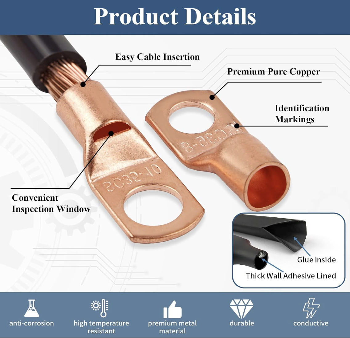 Copper Battery Cable Ends Wire Lugs Assortment Kit AWG 2 4 6 8 10 Gauge 150pcs