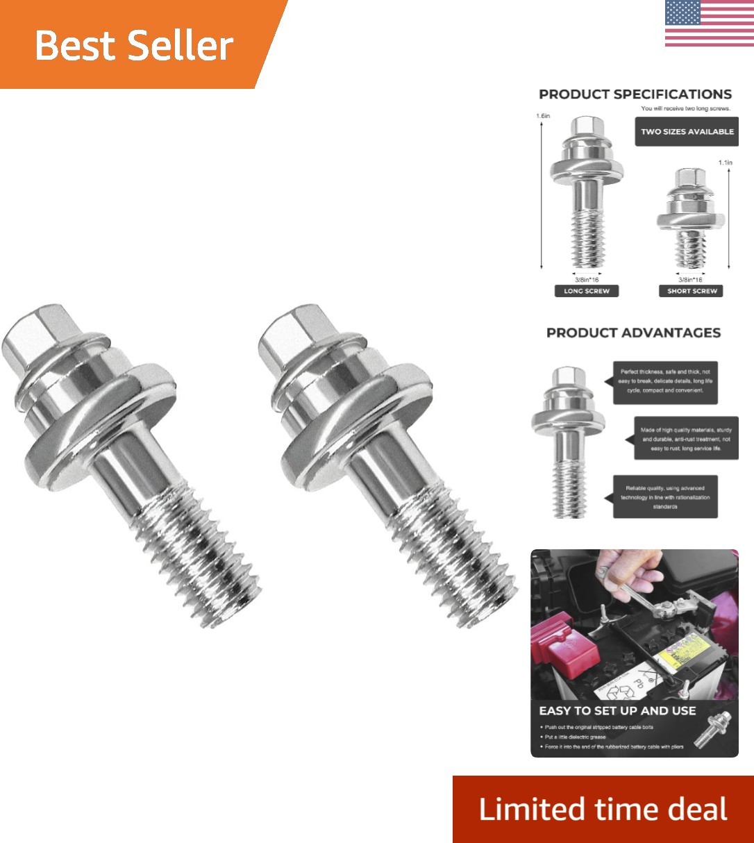 2PCS Side Battery Terminal Bolts, 3/8″ Standard Battery Terminal Side Post Ad…