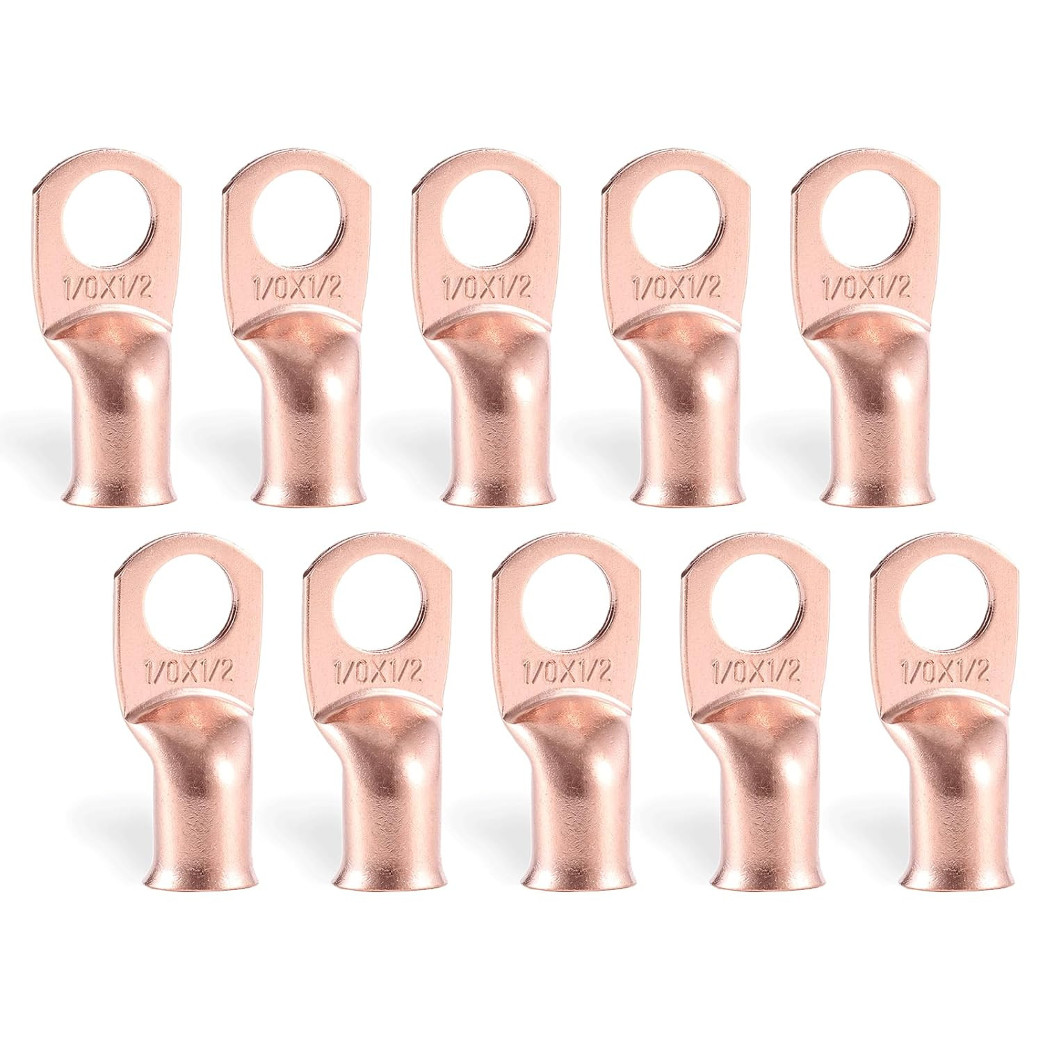 1/0 AWG (0 Gauge) 1/2″ (M12) Copper Ring Terminals, 10 Pcs Heavy Duty Battery Ca
