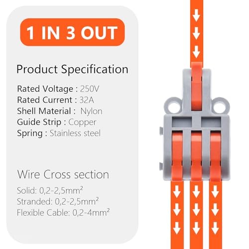 10Pcs Lever Wire Connectors, 1 in 3 Out DIY Mini Splice Compact Quick