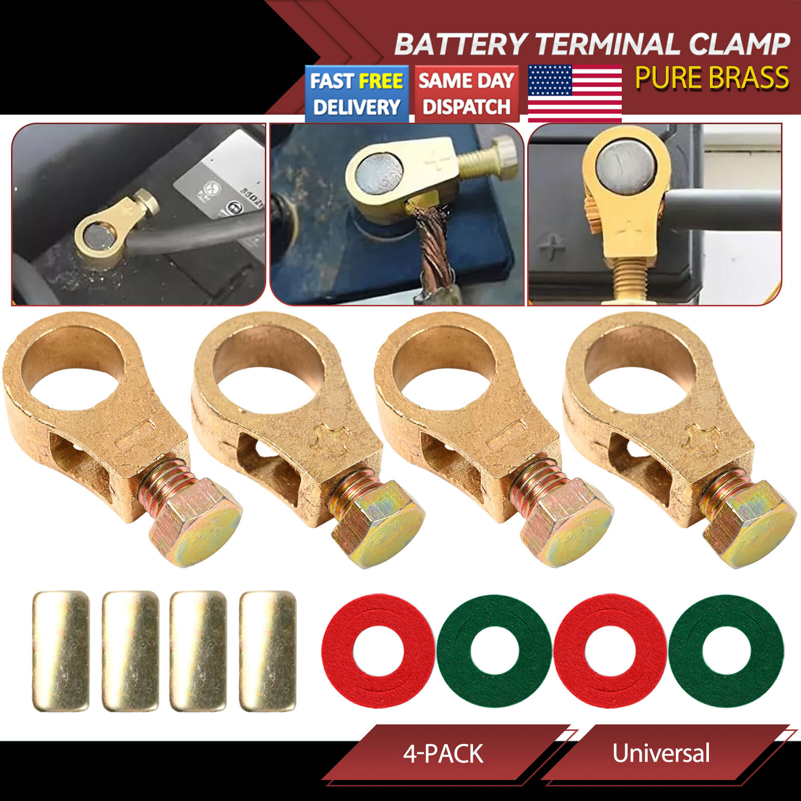 4x Car Pure Copper Battery Connection Clips Battery Terminal Clamp with Washers