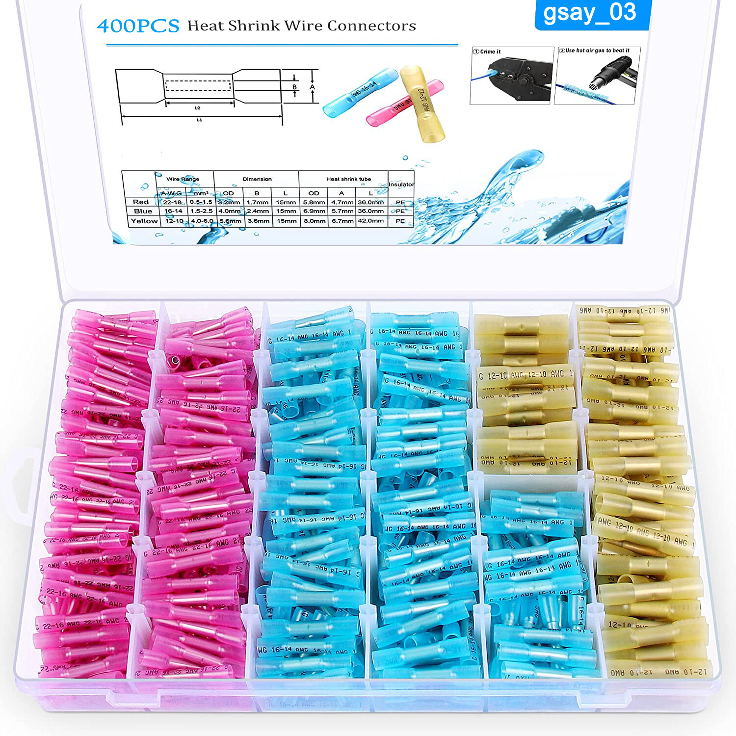 400Pcs Heat Shrink Waterproof Wire Connectors Blue 10-22AWG Butt Seal Terminals
