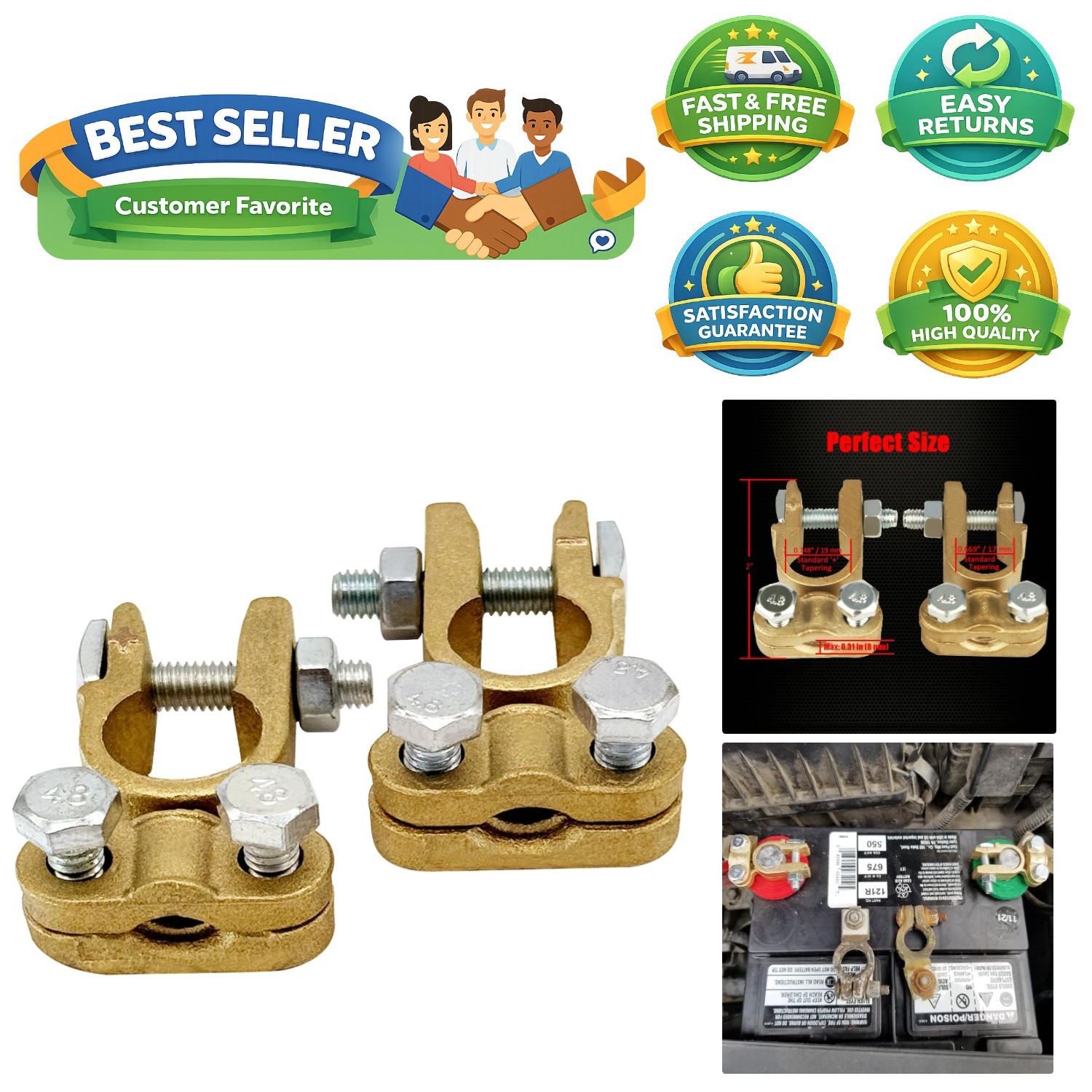 Brass Battery Terminals Set for Cars, RVs & Boats – Top Post Connectors
