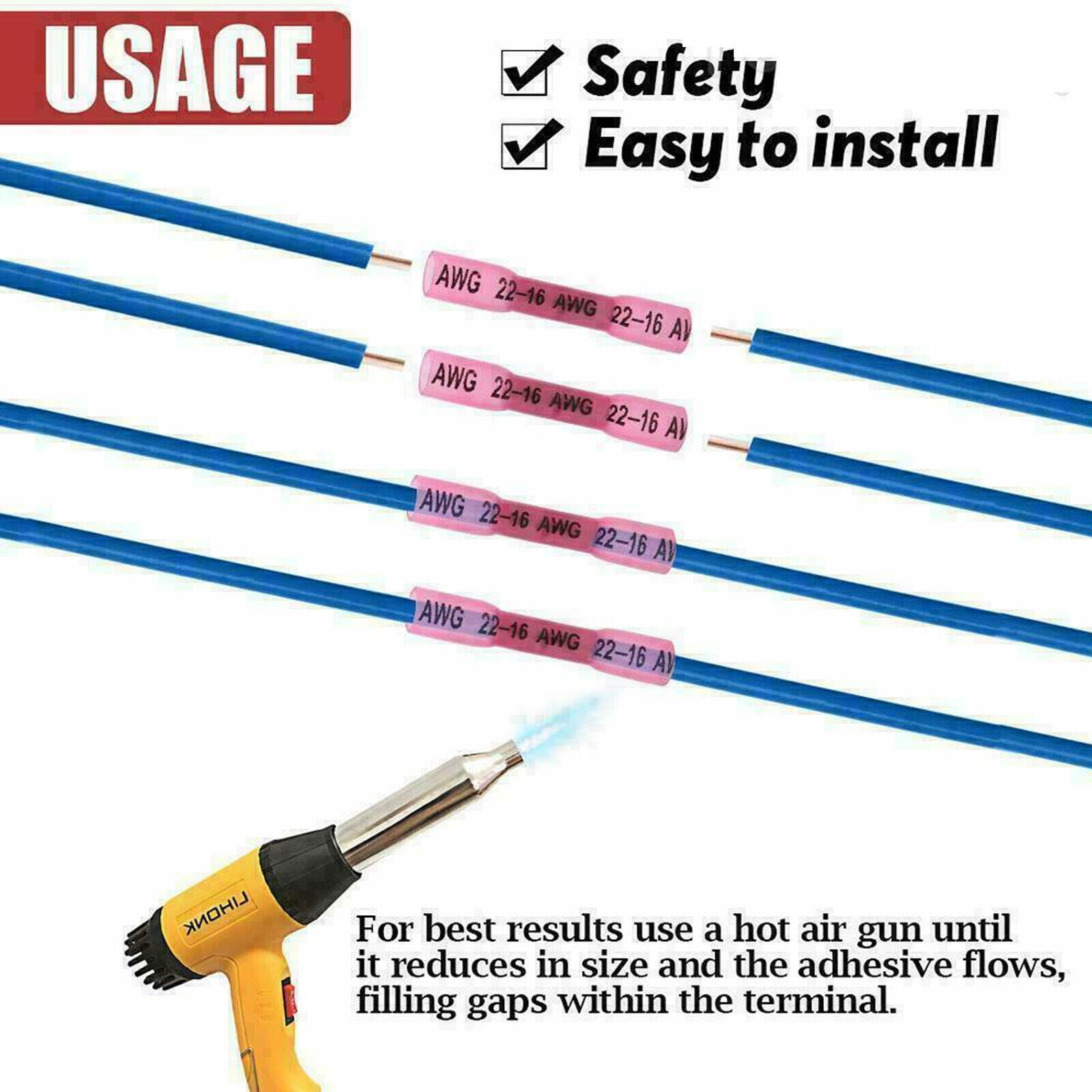 100~300Pcs Heat Shrink Butt Wire Connectors Crimp Terminals AWG 16-22 Gauge US