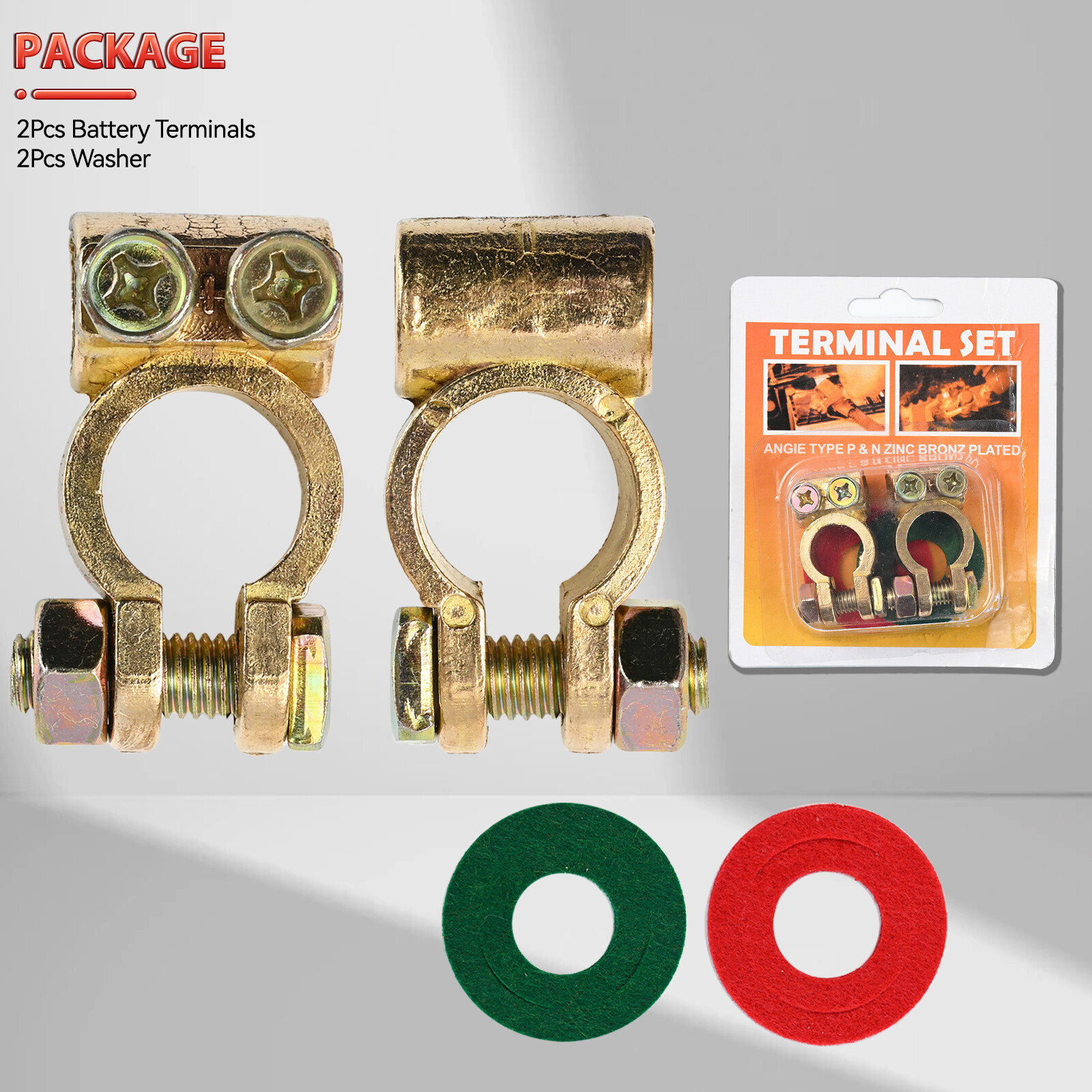 2 x Pure Brass Battery Terminals Connectors Clamps Top-Post Protector w/ Washers