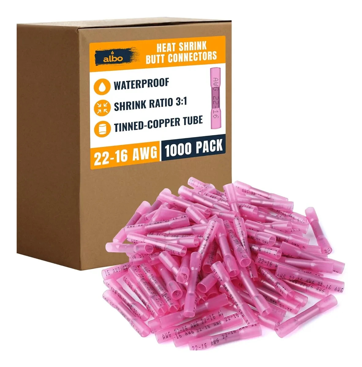 1000PCS Heat Shrink Butt Connectors – RED 22-16 AWG