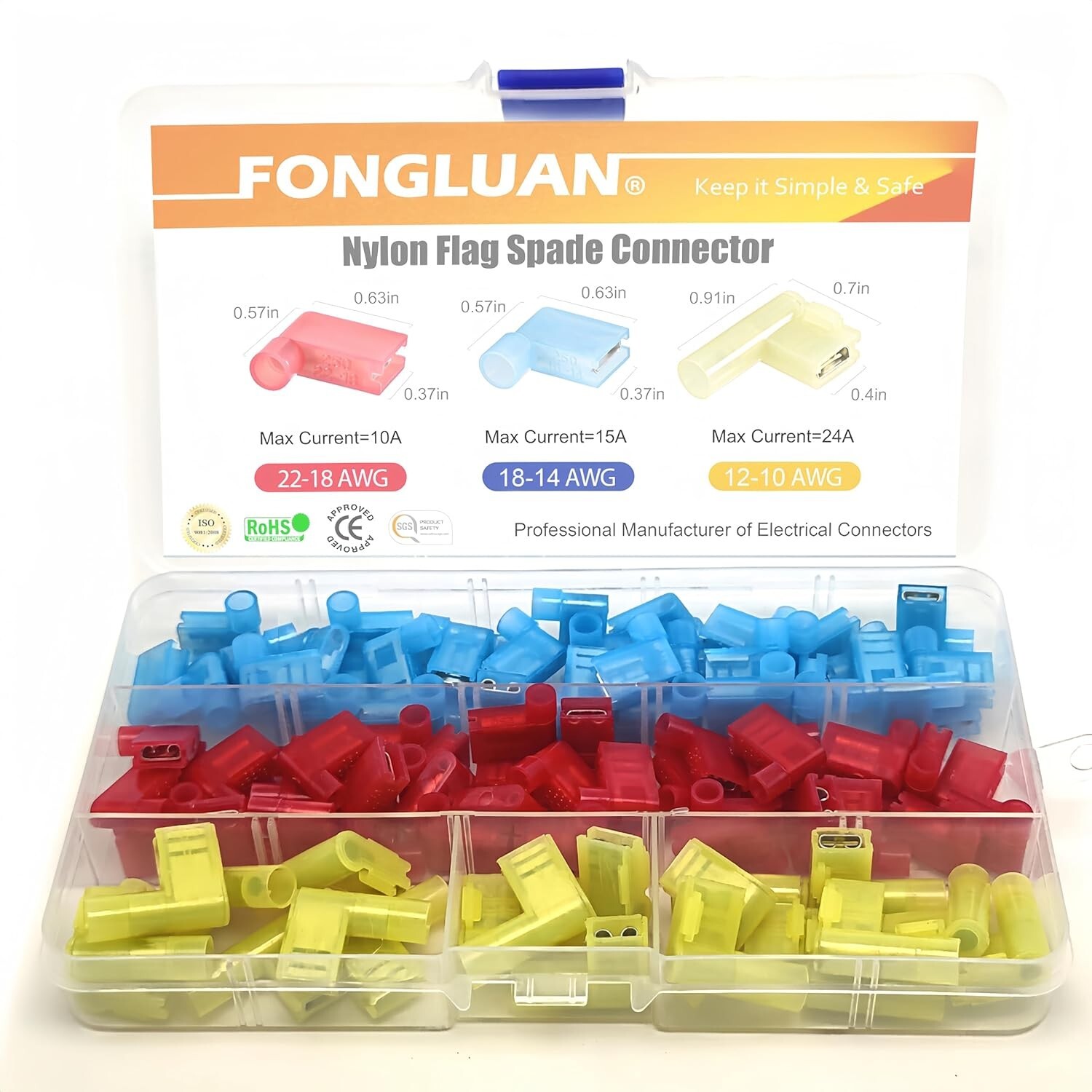 100PCS Nylon Flag Spade Quick Disconnects Female Wire Connector 24-10 AWG 90 Deg