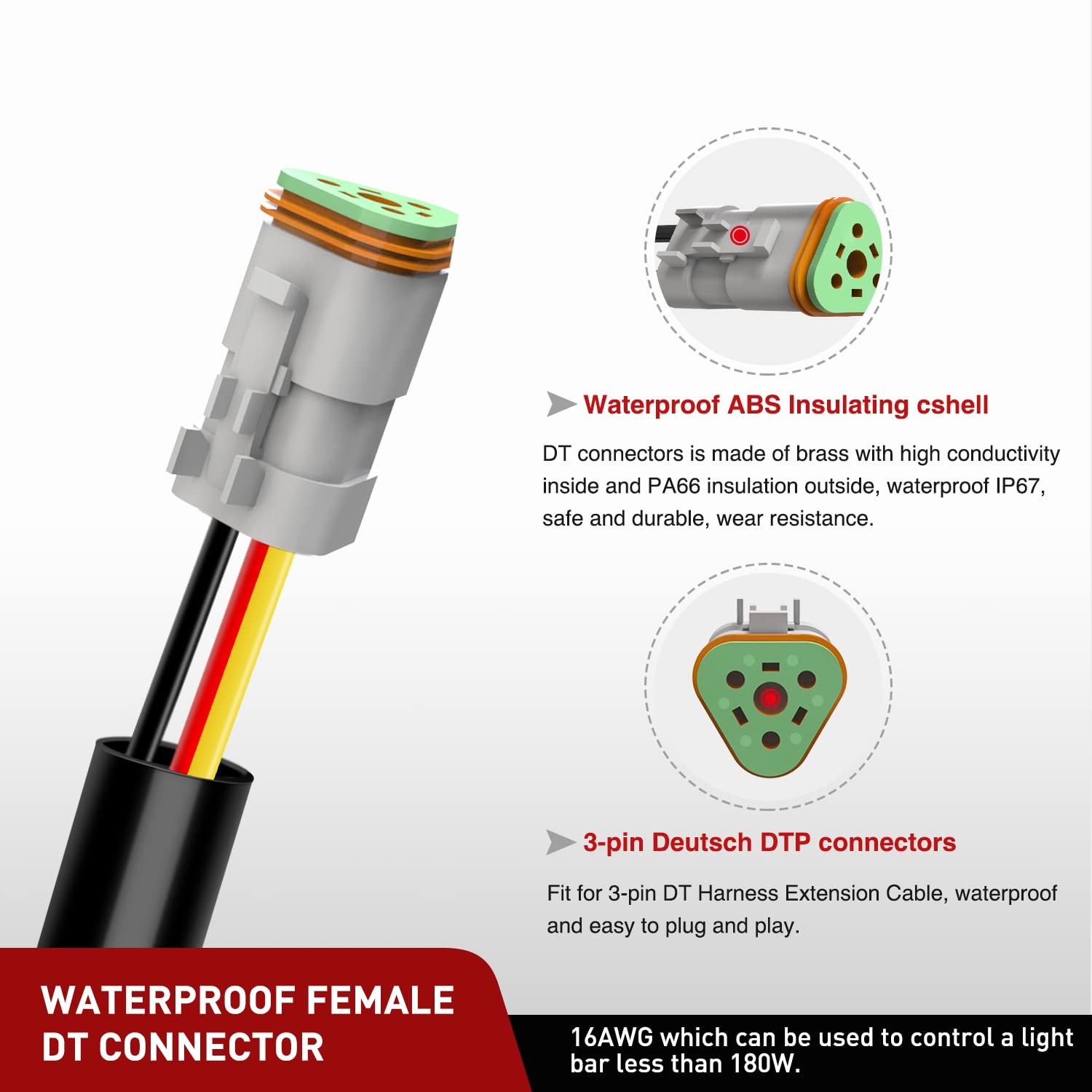 Nilight 2 PCS 16 AWG 10 Feet 3 Pin DT Connector Wiring Harness Extension Kit