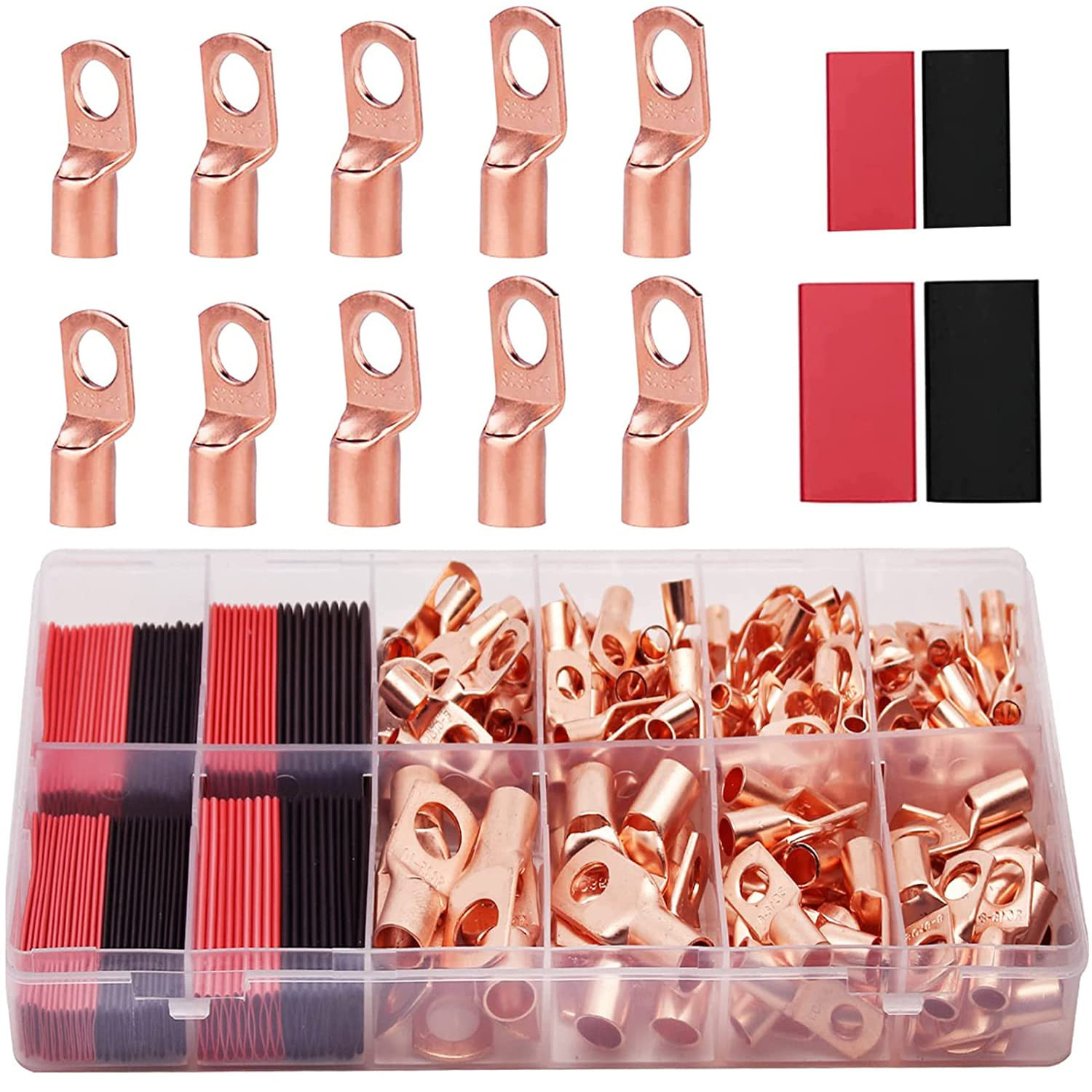 100Pcs Copper Wire Lugs AWG 6 8 10 12 with Heat Shrink Set, 50Pcs Battery Cable