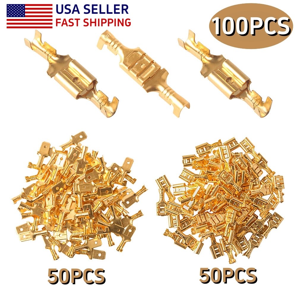 100PCS Female Male Brass Quick Splice Wire Connectors 6.3mm Spade Terminals US