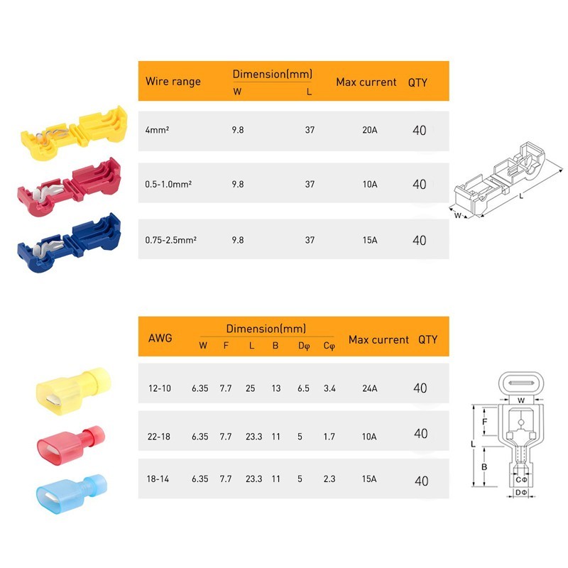 240/60 T-Taps Wire Terminal Connectors Insulated Quick Splice Combo Kit 22-10AWG