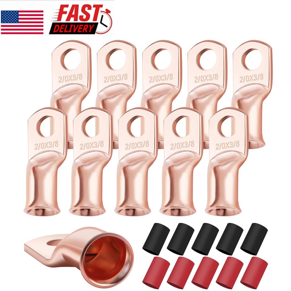 20Pcs 2/0 AWG 3/8″Copper Lugs W/ BLACK & RED 3/4″Heat Shrink Ring Terminals Wire