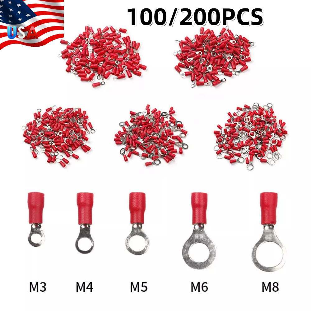 100/200x Red AWG 22-16 RV PVC Insulated Crimp Ring Terminal Wire Connector