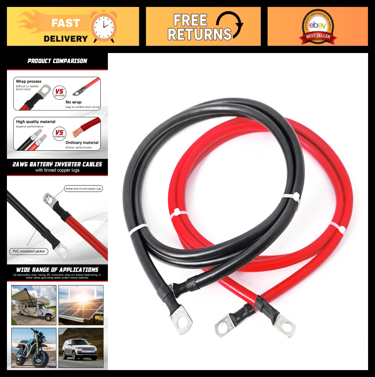 2 AWG Pure Copper Battery Cable Set – 5FT Inverter Wire for Automotive, RV, Mari
