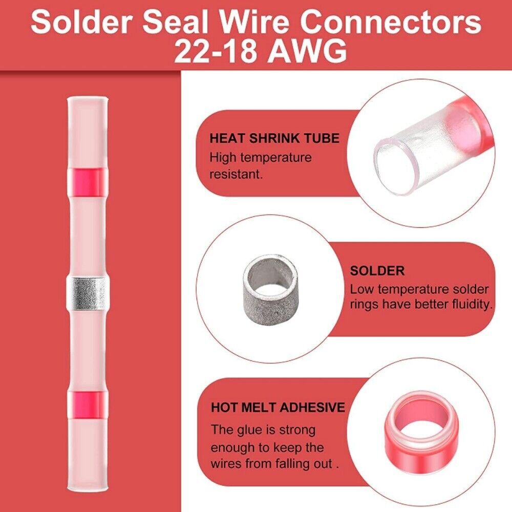 500-50Pcs Solder Seal Sleeve Heat Shrink Butt Wire Terminals Connector 22-18AWG