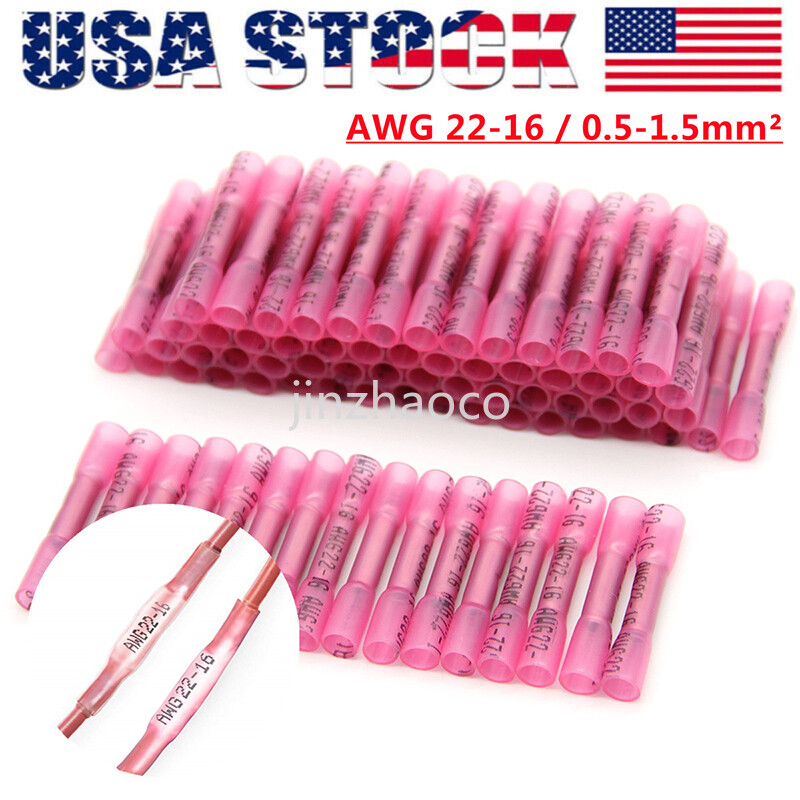Heat Shrink Butt Wire Splice Connectors Crimp Terminals AWG 22-16 Gauge Red
