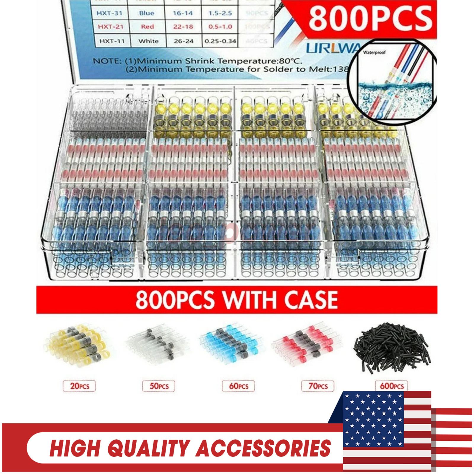 800pcs Solder Seal Sleeve Heat Shrink Butt Wire Connectors Terminals Waterproof