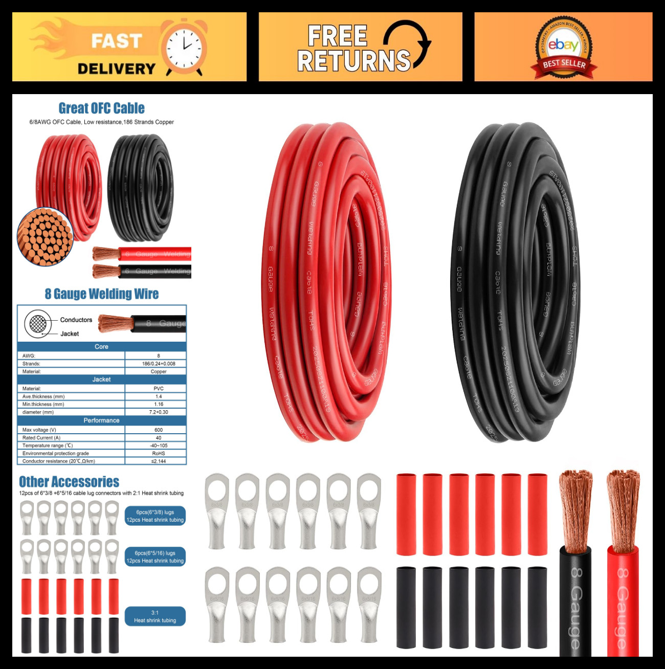 15FT Red & 15FT Black 8 AWG Battery Power Cable, Flexible OFC Copper Wire, Lugs