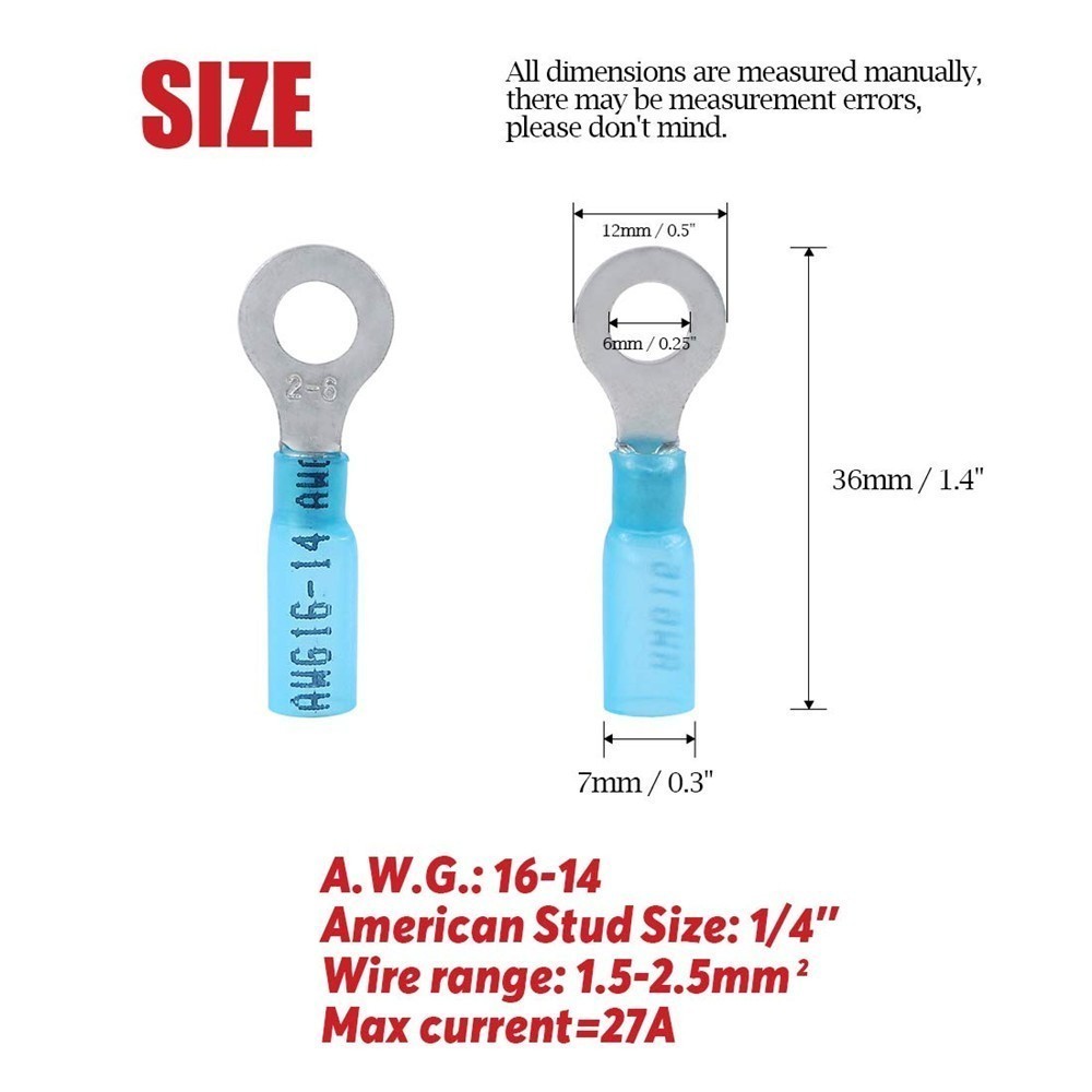 Blue 16-14 AWG Heat Shrink Ring Terminals Marine Wire Connectors 1/4″ Stud
