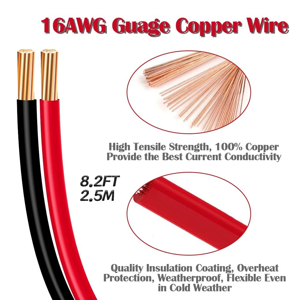 8.2FT/2.5M SAE To Alligator Clips Wire Harness 12V Switch 16AWG 2Pin Cable