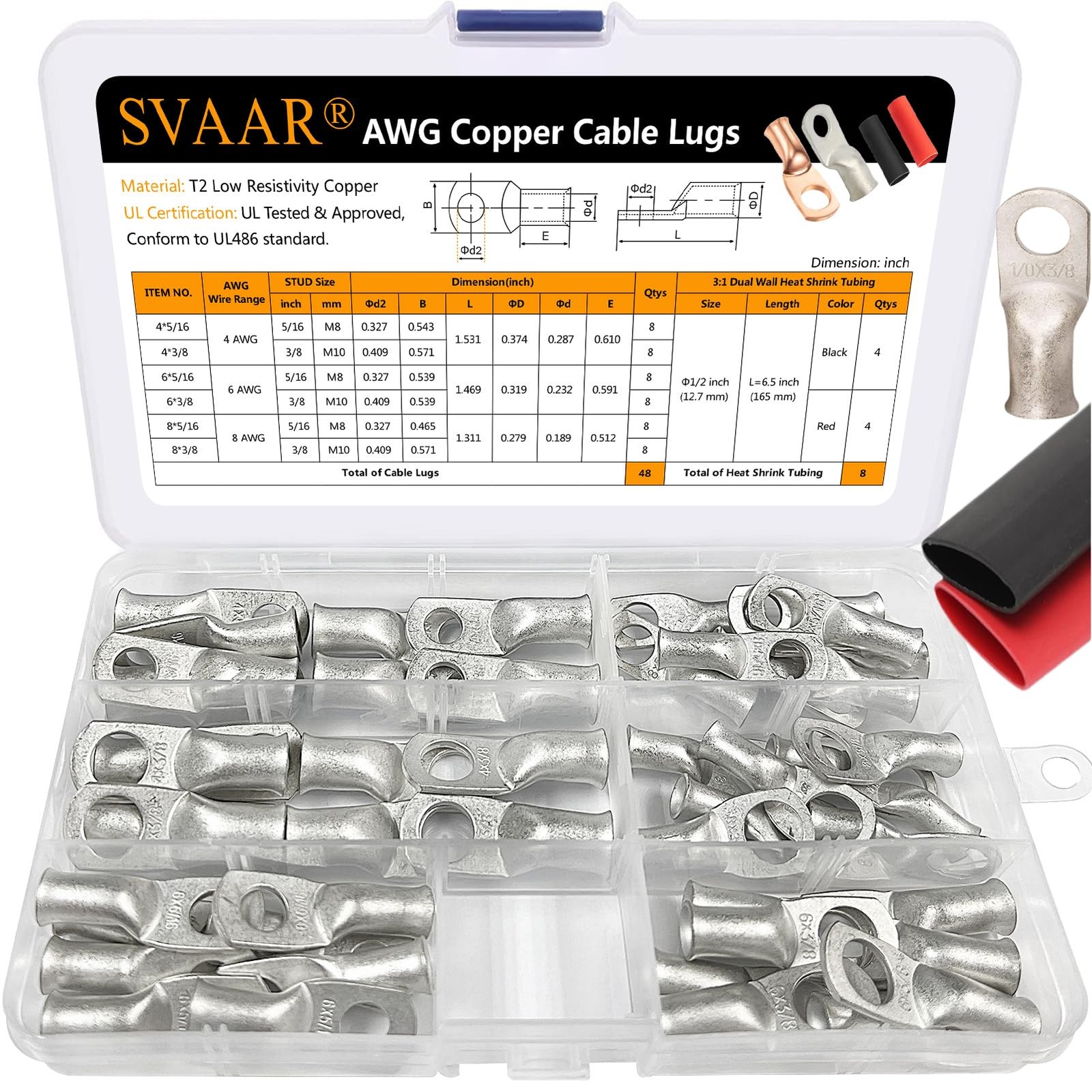 SVAAR 4 6 8 AWG Battery Cable Lug Ring Terminals Tinned Copper 3/8 5/16