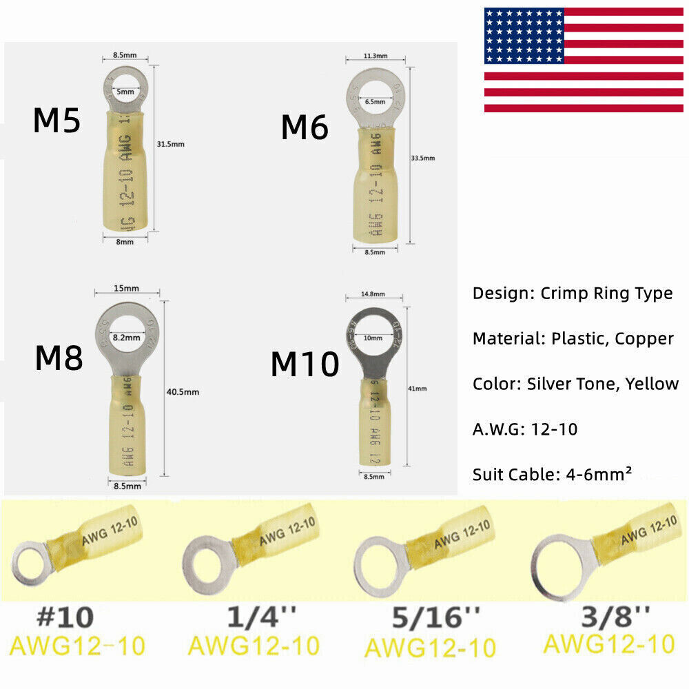 M5 M6 M8 M10 12-10AWG Heat Shrink Ring Terminal Wire Crimp Connectors Waterproof