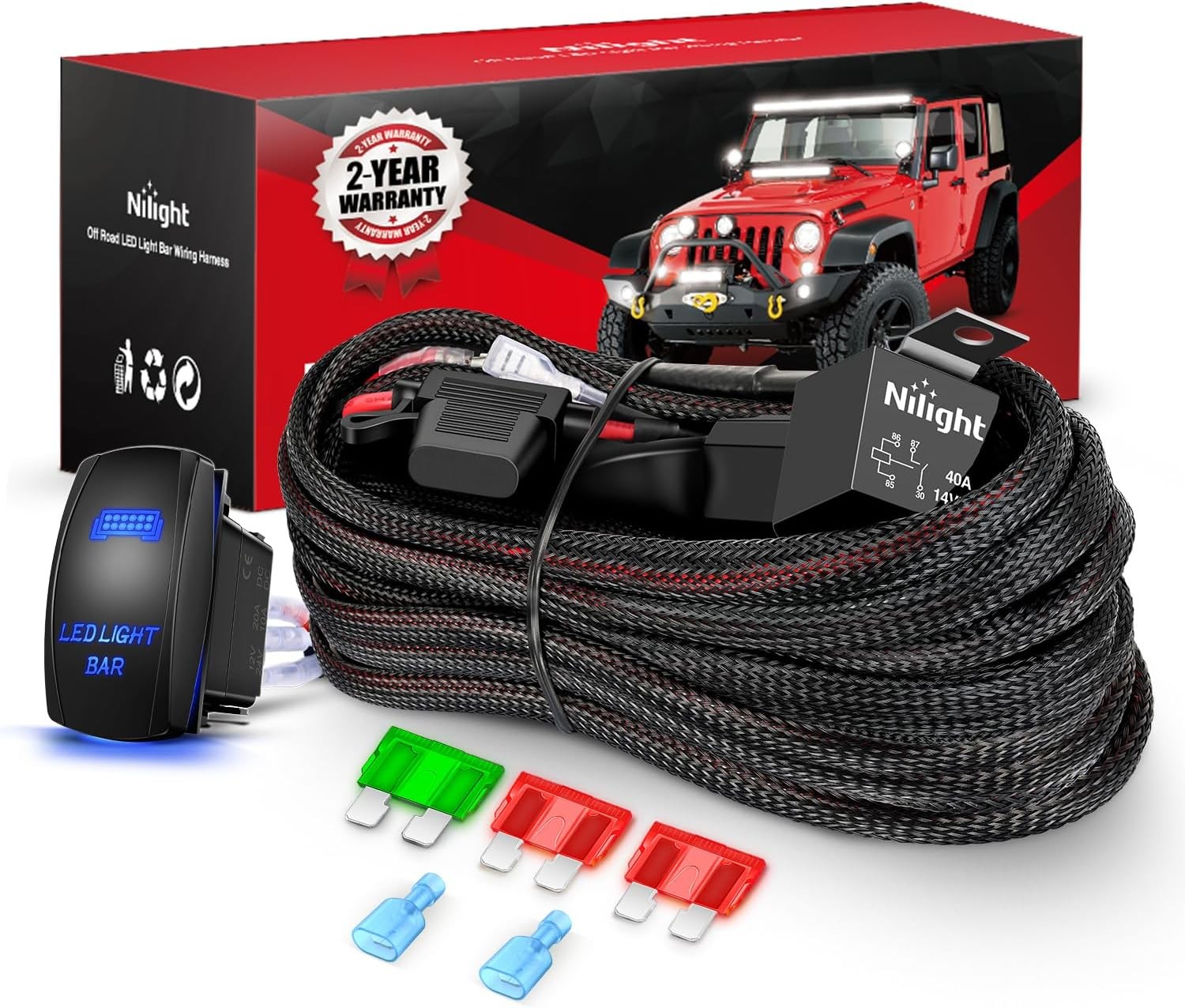 Nilight Wiring Harness Kit Nylon 12 AWG 1 Lead 12V 5Pin Rocker Switch Laser On O