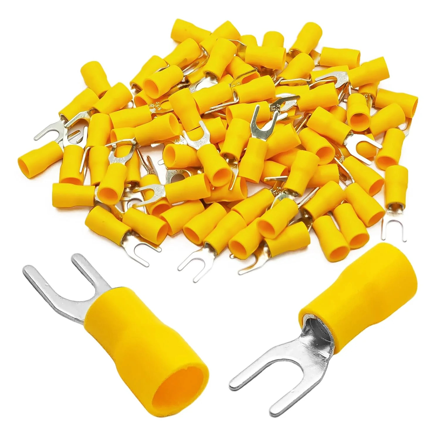 100Pcs 12-10 AWG Yellow Fork Spade Wire Connectors, Insulated U-Type Crimp Termi
