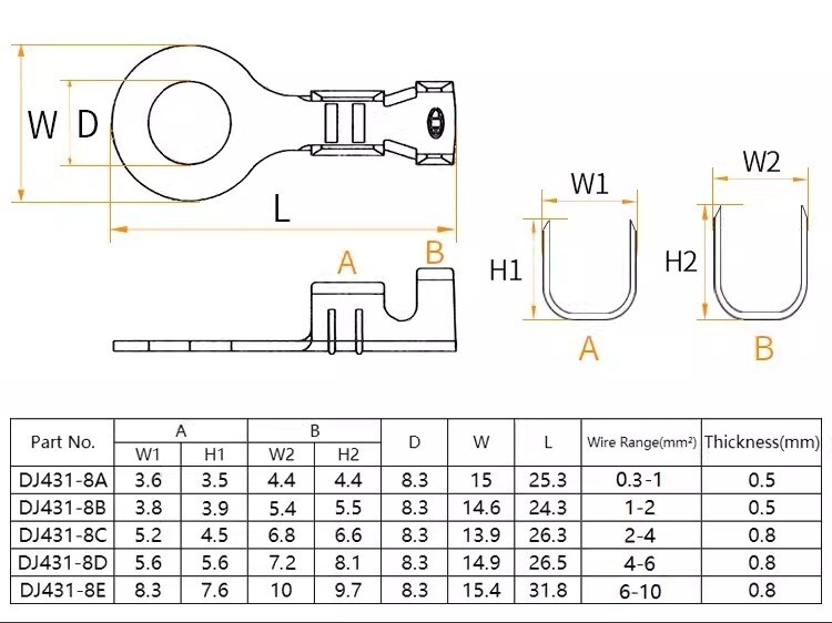 100pcs 8mm circular automotive terminal block O-shaped joint 12AWG DJ431-8B