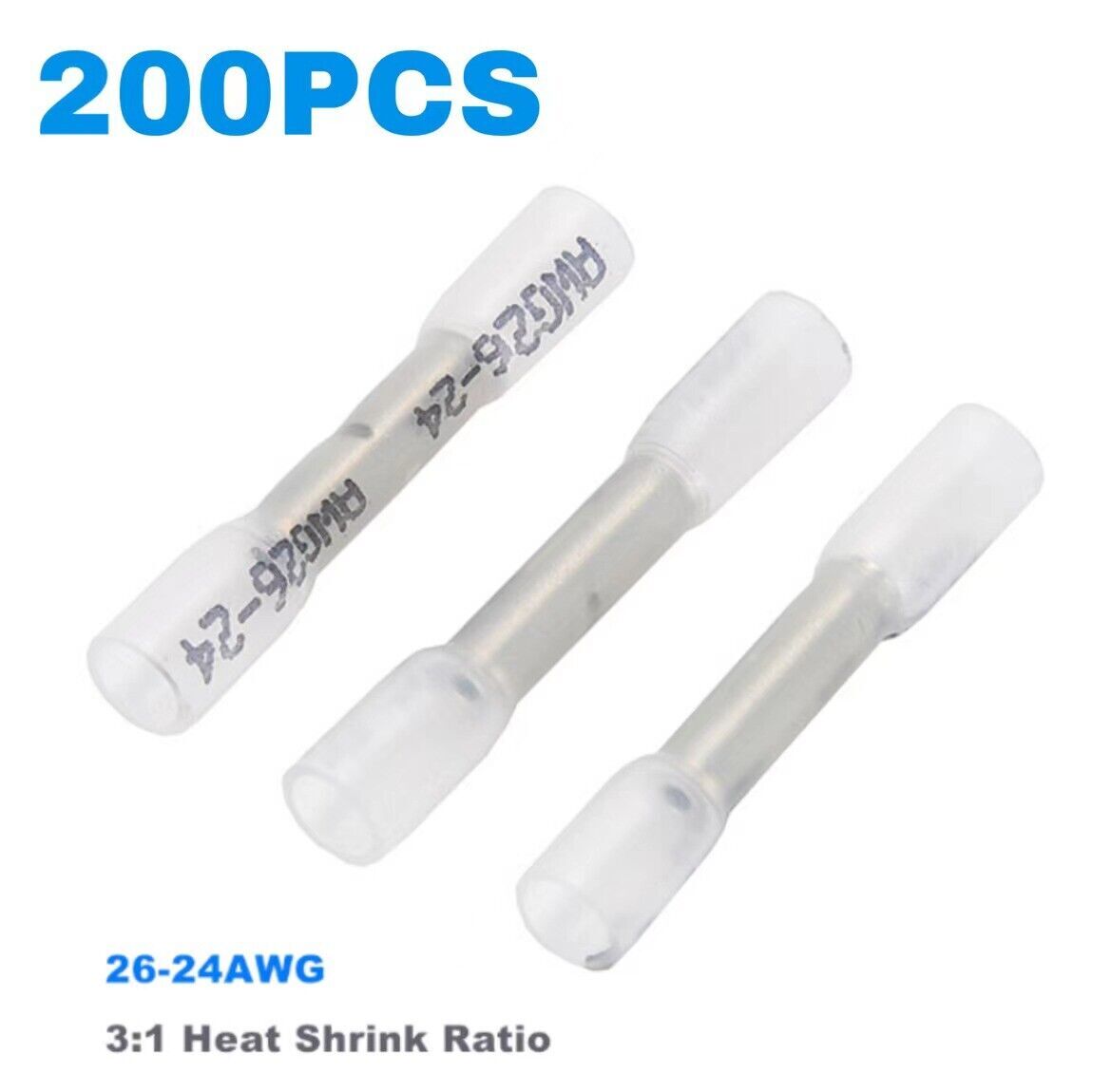 200X 26-24AWG Heat Shrink Butt Wire Splice Connectors Crimp Terminals Waterproof
